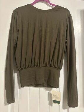 HALARA Olive Green Long Sleeve Gathered Waist Top Medium